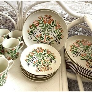 Vintage Botanical Floral Plates, Cups, Vintage, Plants, Earthy Orange & Green